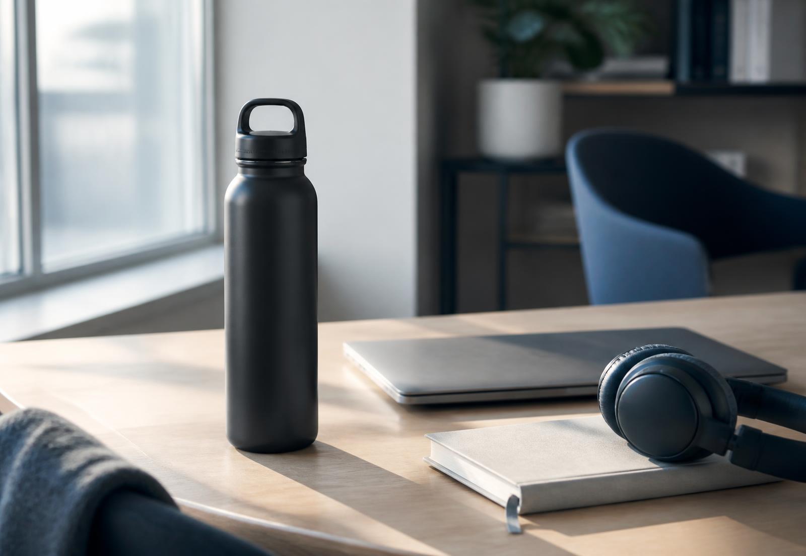 Matte black insulated MarketSculpt bottle on a modern desk beside a laptop, notebook and headphones in soft daylight